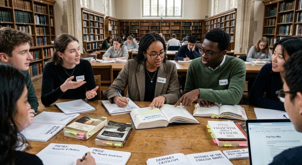 A realistic photo of a diverse university study group in a classic oak-paneled library. Students are collaborating around a large wooden table covered in classic novels like 'Wuthering Heights' and 'The Waste Land.' Centrally, a large textbook is open to a page titled 'THE FOUNDATIONS OF LITERATURE.' Hand-written notes are visible with headings including 'POETRY: Romantic & Modern,' 'PROSE: The Novel’s Evolution,' and 'POST-COLONIAL LIT.' The students, wearing name tags (Sarah, David, Emily), are engaged in an active, respectful academic discussion.
