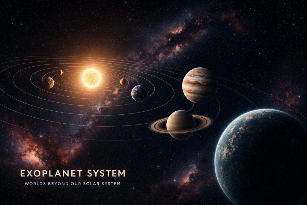 Illustration of an exoplanet system showing a bright star, rocky planets, gas giants, and a ringed planet in deep space.