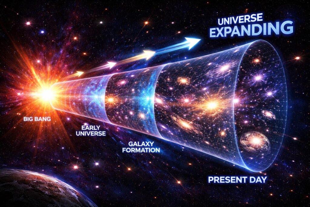 Illustration showing the expansion of the universe from the Big Bang to the present day, featuring a cosmic timeline, galaxies forming, and arrows indicating increasing expansion
