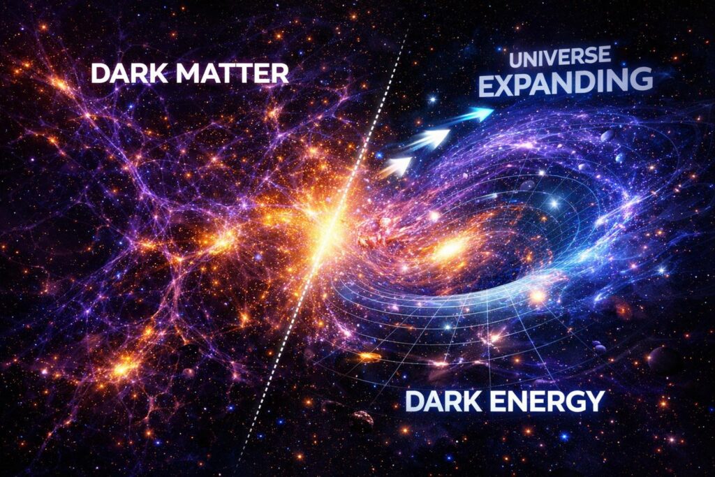 Digital illustration showing dark matter as a cosmic web and dark energy as an expanding universe vortex, with galaxies, glowing particles, and space background
