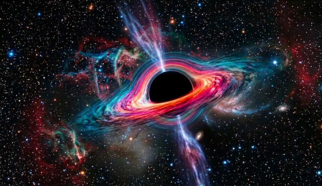 A deep space photograph of a massive black hole. The central dark sphere is surrounded by a vibrant, swirling accretion disk of superheated gas and dust, glowing in shades of pink, orange, and blue. Powerful relativistic jets of light erupt from the black hole's poles, cutting through the surrounding multi-colored nebulae and a dense field of distant stars and galaxies.