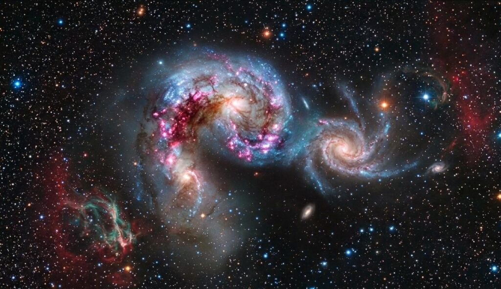 A high-resolution depiction of two spiral galaxies colliding, showing tidal tails of blue stars, glowing pink nebulae, and central galactic cores amidst a dense star field.