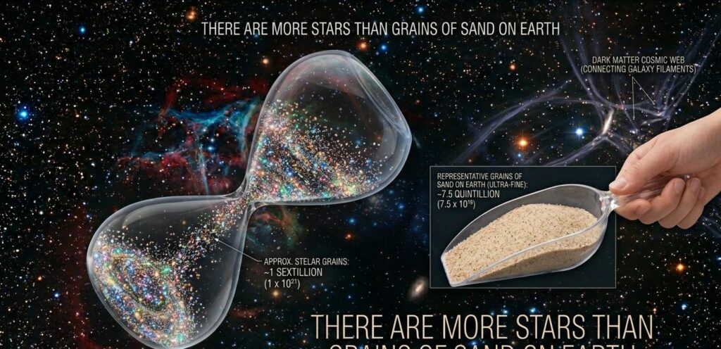 A cosmic infographic set against a starry deep space background. The central element is a large, glass hourglass with a stream of light-particles labeled 'APPROX. STELAR GRAINS, 1 SEXTILLION (1 x 10²¹)'. To the right, a hand holds a clear scoop of sand labeled 'REPRESENTATIVE GRAINS OF SAND ON EARTH (ULTRA-FINE), 7.5 QUINTILLION (7.5 x 10¹⁸)'. Large text across the top and bottom states: 'THERE ARE MORE STARS THAN GRAINS OF SAND ON EARTH'. Complex dark matter cosmic web filaments are visible, connected to 'DISTANT INTERSTELLAR NEBULA'. The image uses specific data to make an educational comparison of cosmic scale.