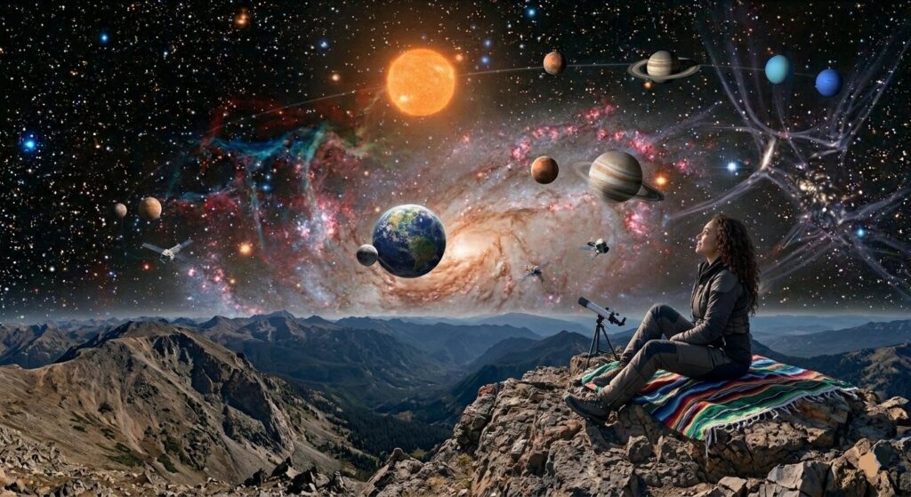 A beautiful woman sitting on a colorful blanket at the rocky summit of a mountain, gazing up at a surreal, detailed universe facts. The celestial view includes a central spiral galaxy, the Sun, the Earth with its Moon, all the major planets of the solar system, glowing nebulae, and dark matter filaments. A telescope sits beside her against the backdrop of a vast mountain range under a star-filled cosmos.