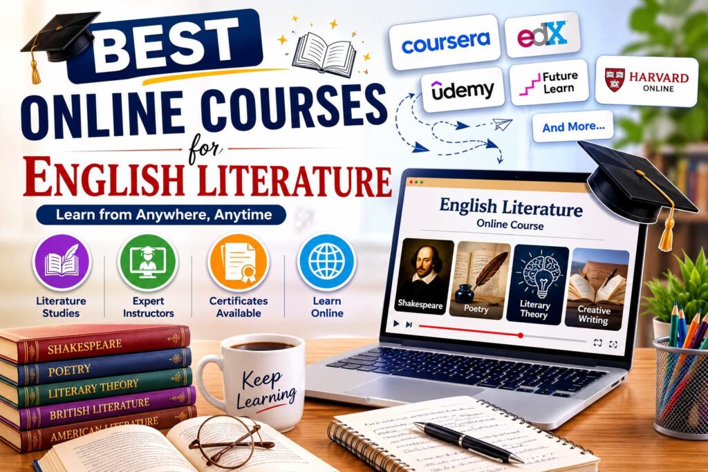 Student studying English Literature through online courses on a laptop with books and digital learning resources