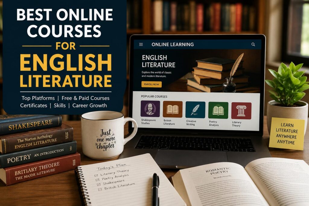 Modern online English Literature learning workspace with laptop, books, and digital literature courses