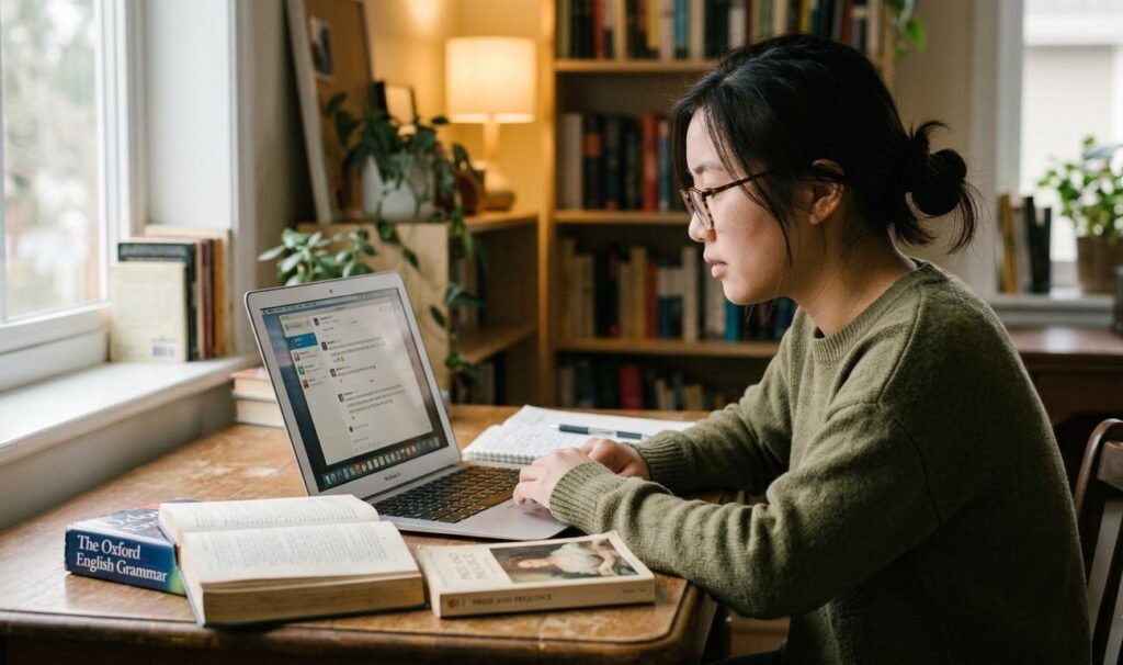 A female student with glasses working on a laptop at a wooden desk, surrounded by grammar reference books and textbooks in a cozy study room.