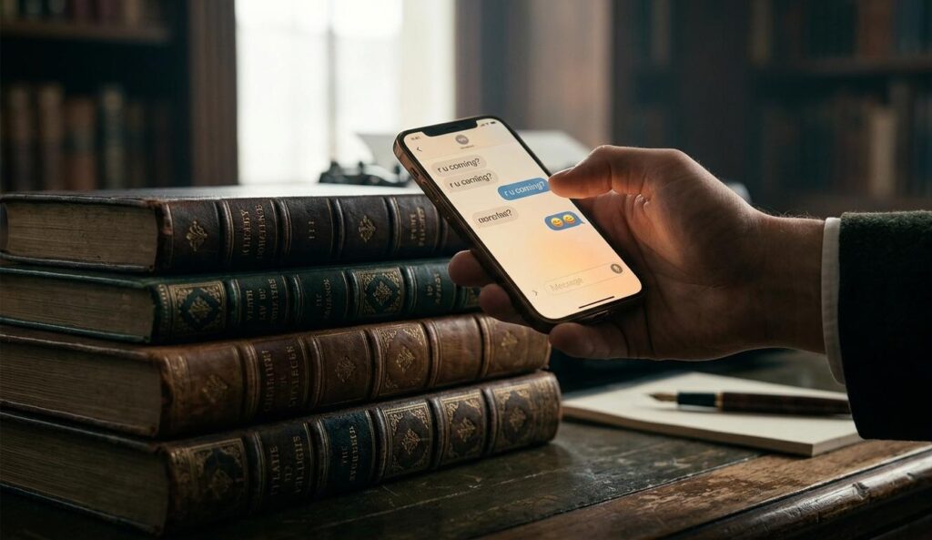 A close-up view of a hand holding a modern smartphone displaying a text message conversation, resting next to a stack of antique leather-bound books on a vintage desk.