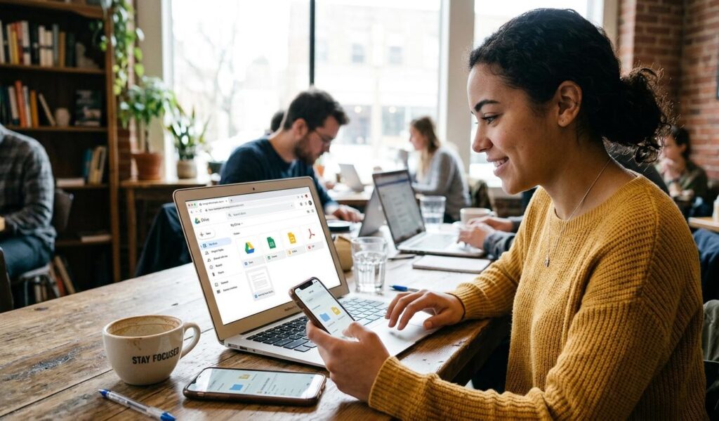 A woman in a coffee shop using a laptop and smartphone to organize files on Google Drive, demonstrating how to use Google Drive.