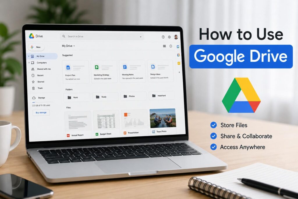 Complete beginner guide showing how to use Google Drive for cloud storage and file sharing