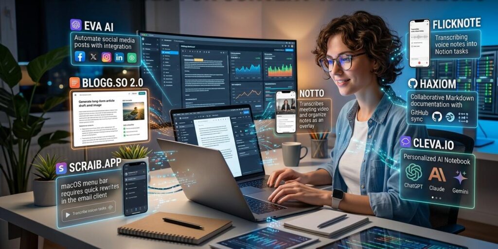Infographic displaying top AI writing tools, featuring a woman content writer at a dual-monitor desk with floating digital UI cards for Eva AI, Blogg.so, Scraib, Notto, FlickNote, Haxiom, and Cleva.io.