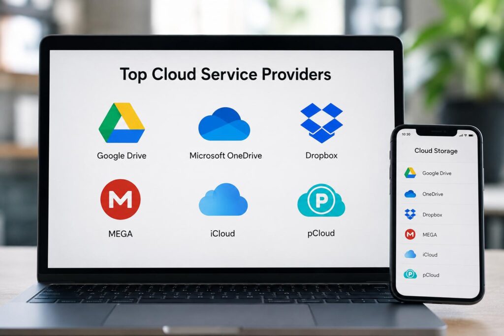 laptop displaying top cloud storage providers including Google Drive OneDrive Dropbox MEGA iCloud and pCloud
