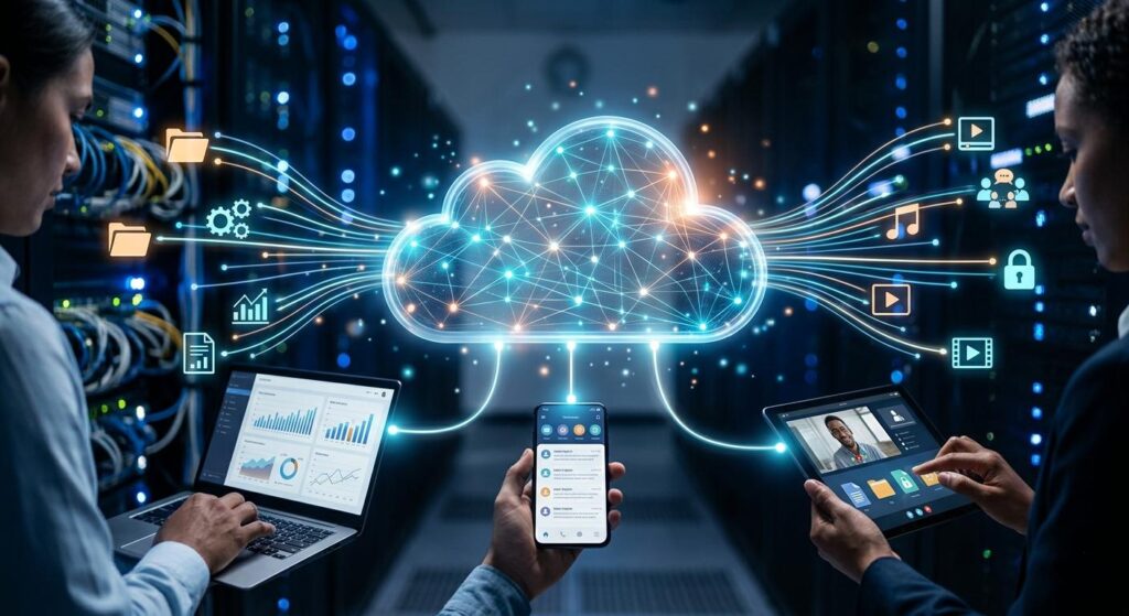 Visual representation of cloud computing showing synchronized data flowing from a glowing cloud icon to a laptop, smartphone, and tablet in a server room.