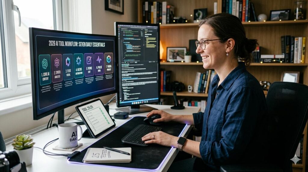 7 Essential AI Tools for Daily Use A woman blogger working at a dual-monitor desk setup, reviewing a list of 25 tested AI tools and highlighting the top 7 daily essentials on her screen.