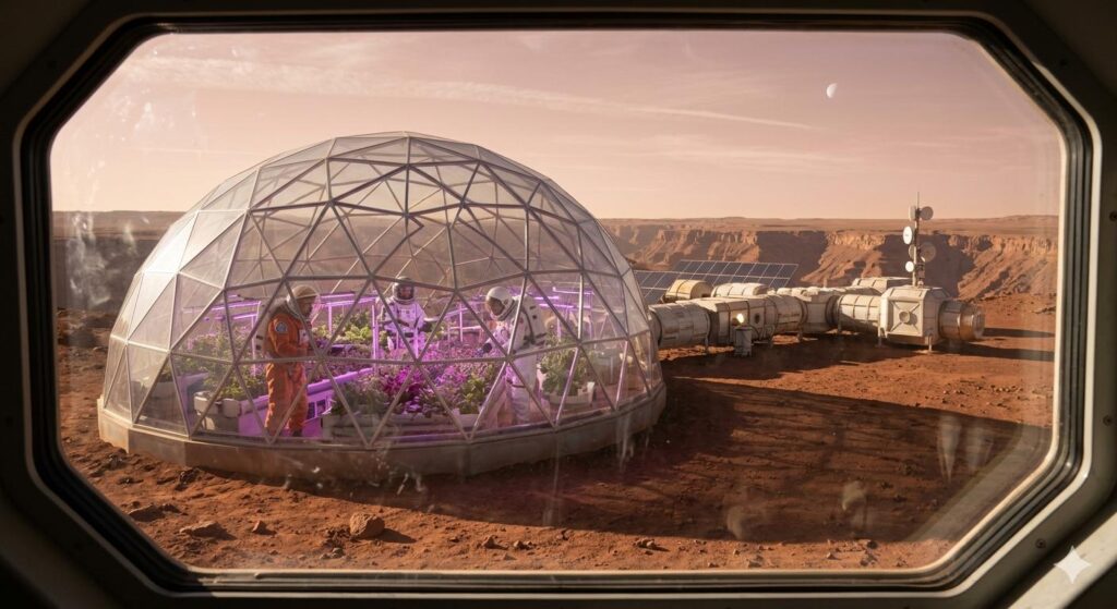 A high-resolution view through a spaceship viewport shows an robotic astrobiology lander and camera on a purple-soiled exoplanet, scanning crystal formations. A holographic display over a sample shows a potential micro-organism with 99.8% plausibility text. A large ringed gas giant is visible in the distance.