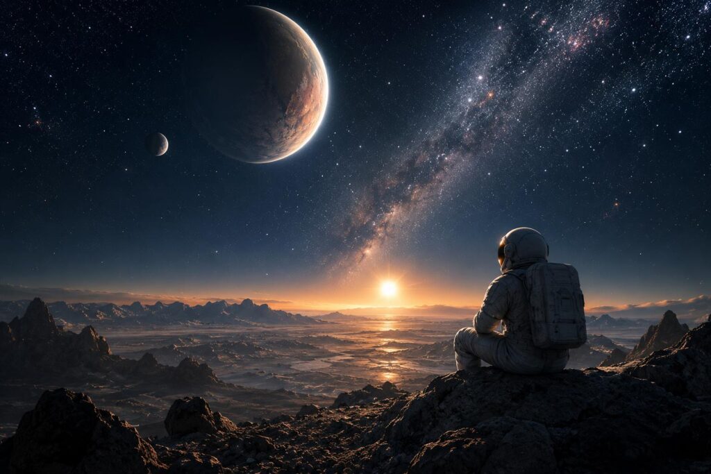 Artistic view of a distant habitable planet in space representing humanity's search for life beyond Earth