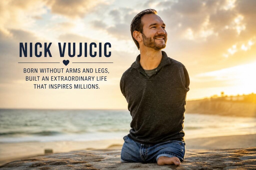 Nick Vujicic inspiring millions through his journey of courage, resilience, and success despite being born without arms and legs