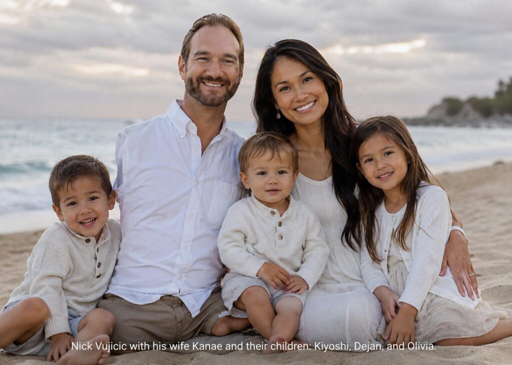 Nick Vujicic and Family – A Story of Love, Hope, and Resilience Nick Vujicic with his wife Kanae and their children, celebrating family, love, resilience, and overcoming challenges.