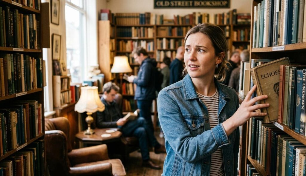 A woman in a denim jacket looking startled and confused while reaching for a book labeled 'Echoes' on a shelf in a cozy, crowded old bookstore, capturing the sudden feeling of déjà vu.