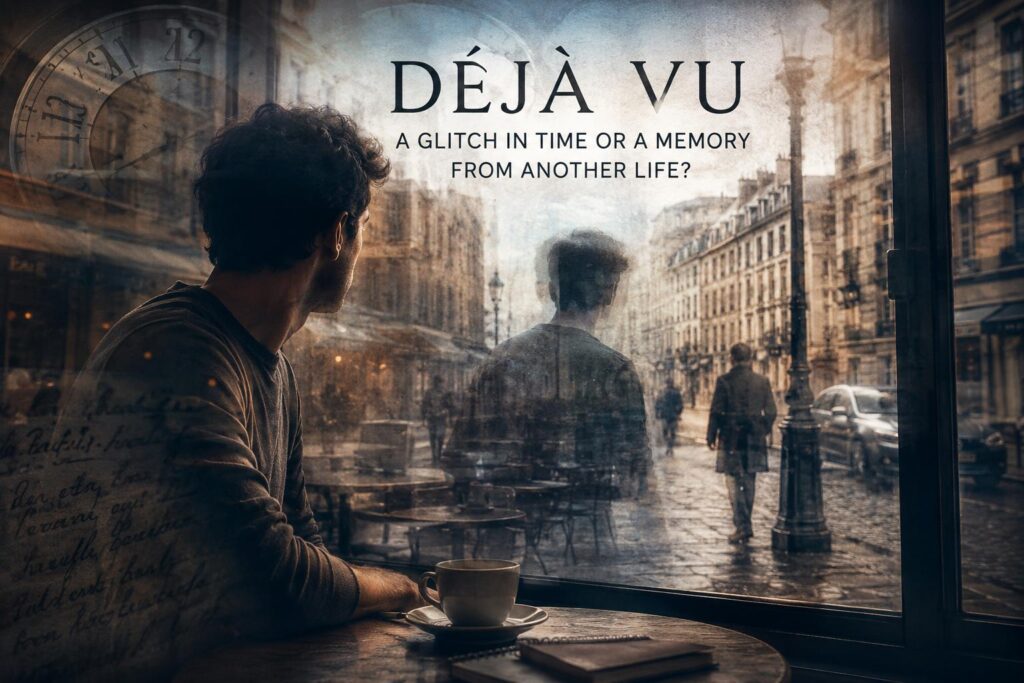 Person experiencing déjà vu while surrounded by familiar scenes representing the mystery of memory and the human brain