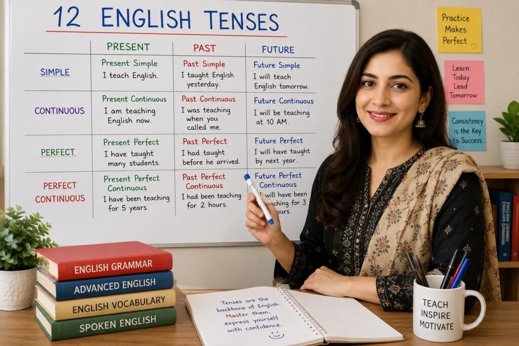Complete chart showing the 12 English tenses with rules and examples.