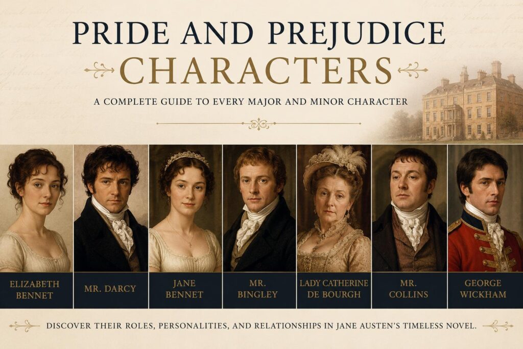 Major and minor Pride and Prejudice characters including Elizabeth Bennet, Mr. Darcy, Jane Bennet, and other key figures from Jane Austen's novel.