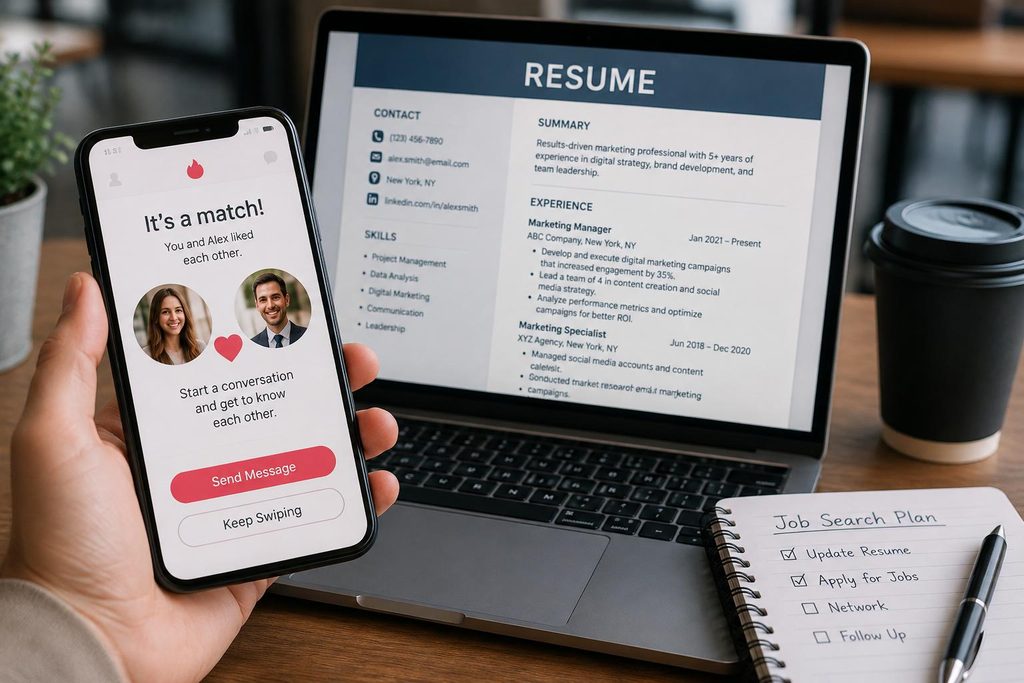 Job seeker using a dating app for professional networking and employment opportunities
