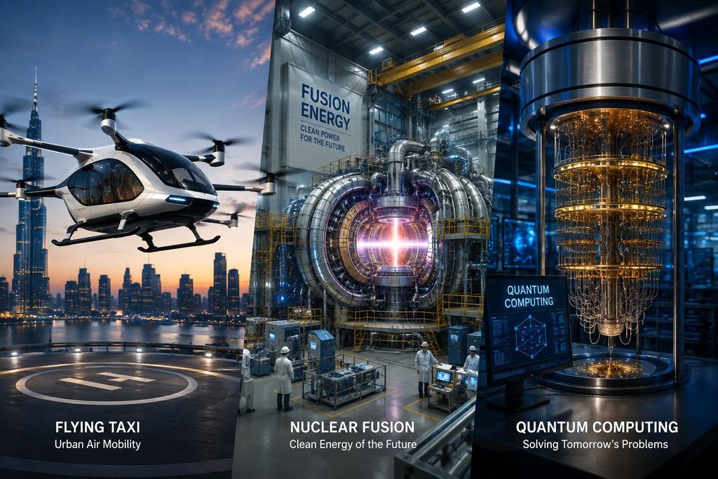 Flying taxi, nuclear fusion reactor and quantum computer representing emerging technologies