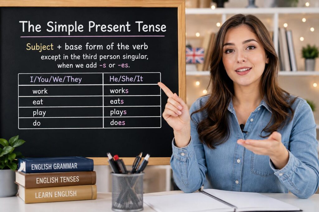 English teacher explaining Simple Present Tense rules with a grammar chart showing subject and verb forms