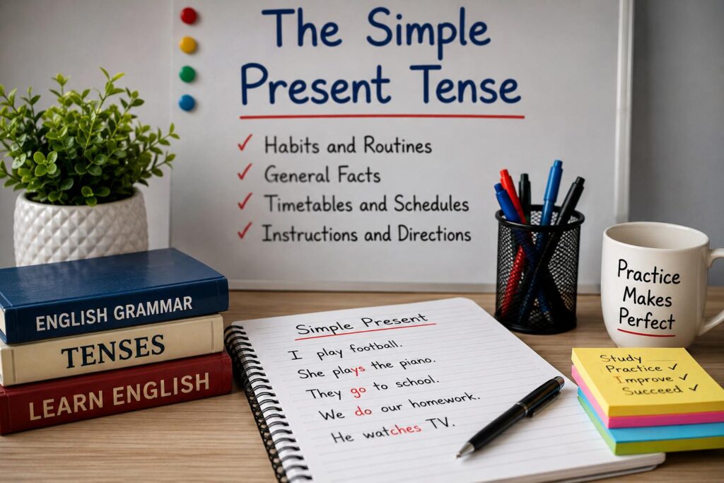 English grammar lesson showing Simple Present Tense sentence structures and examples
