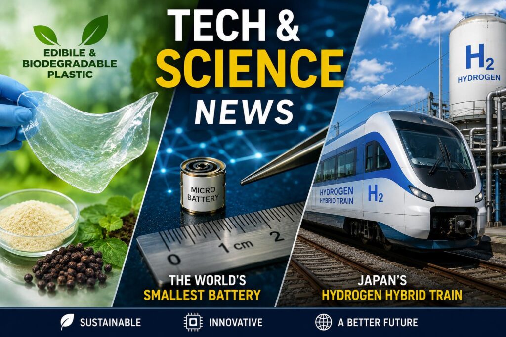 Tech and science innovations including biodegradable plastic, a tiny battery, and a hydrogen hybrid train