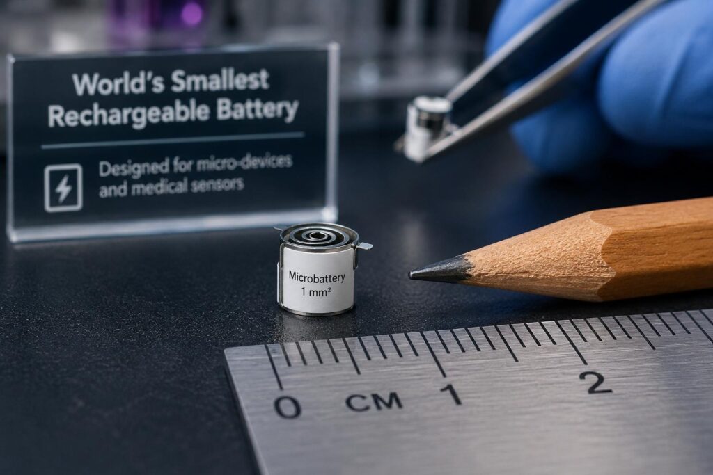 Tiny rechargeable microbattery designed for miniature electronic devices and sensors