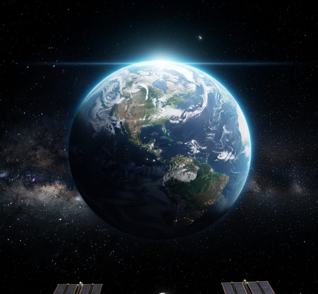 Earth viewed from space showing continents and oceans