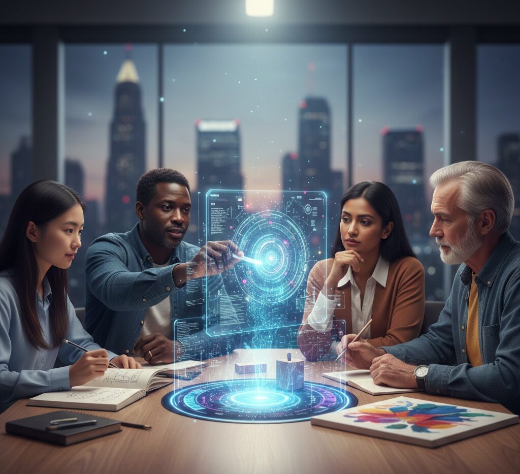 A diverse group of educators and professionals collaborating around a digital holographic interface while using traditional notebooks and pens, symbolizing human skill in a digital age.